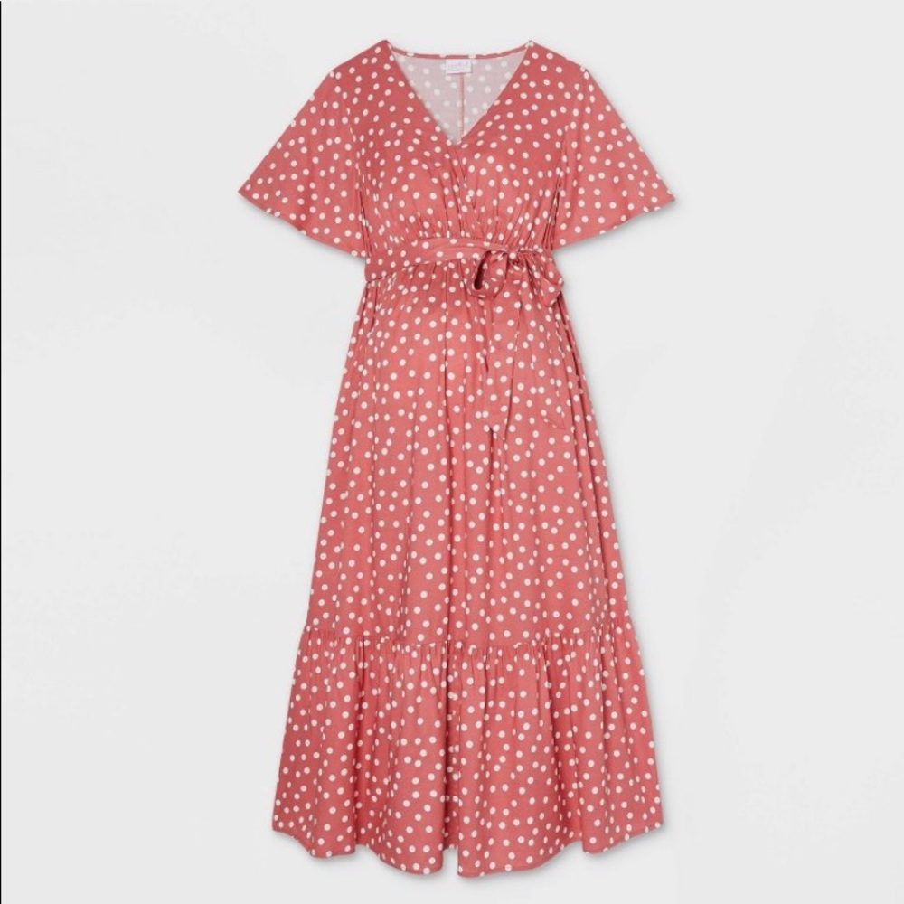 Coral White Polka Dot Maternity Dress